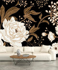 Floral Wall Mural Peonies And Roses In Gold White Vintage Look Seamless Wallpaper 5-Piece Set For Living Room Bedroom Kids Room