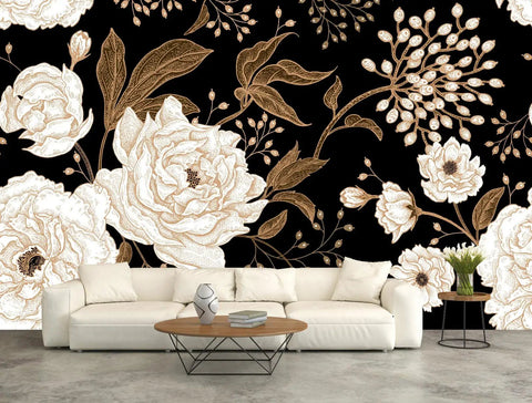 Floral Wall Mural Peonies And Roses In Gold White Vintage Look Seamless Wallpaper 5-Piece Set For Living Room Bedroom Kids Room