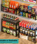 Stack Your Pantry Goods Without A Sweat, 2 Pack Expandable Cabinet Organizer Shelves, Adjustable Space Saving Heavy Duty Metal Storage Rack For Kitchen Cupboards And Under Sink, Sleek Black Finish, showcasing organized pantry items on shelves.