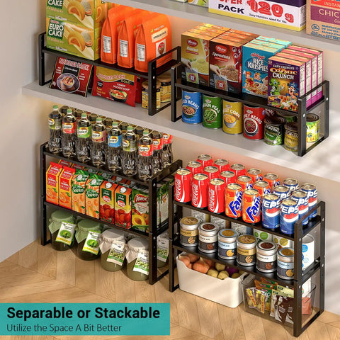 Stack Your Pantry Goods Without A Sweat, 2 Pack Expandable Cabinet Organizer Shelves, Adjustable Space Saving Heavy Duty Metal Storage Rack For Kitchen Cupboards And Under Sink, Sleek Black Finish, showcasing organized pantry items on shelves.