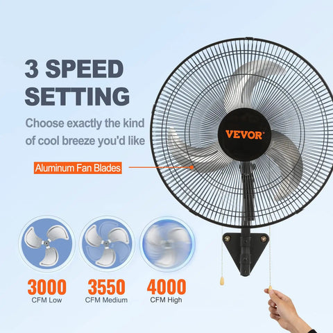 18 Inch Wall Mount Oscillating Fan With 3 Speeds Cranks Out High Velocity Air Up To 4000 CFM For Indoor And Outdoor Use In Workshops Basements Warehouses Greenhouses And Homes ETL Listed Quiet Yet Mighty shown with speed settings and aluminum blades.