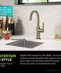 Oletto Single Handle Kitchen Bar Faucet In Spot Free Antique Champagne Bronze With 12 Inch Tall Body, Six And One Half Inch Spout Reach, 1.8 GPM Flow, Fingerprint Resistant Finish For A Clean Modern Vibe installed on white countertop