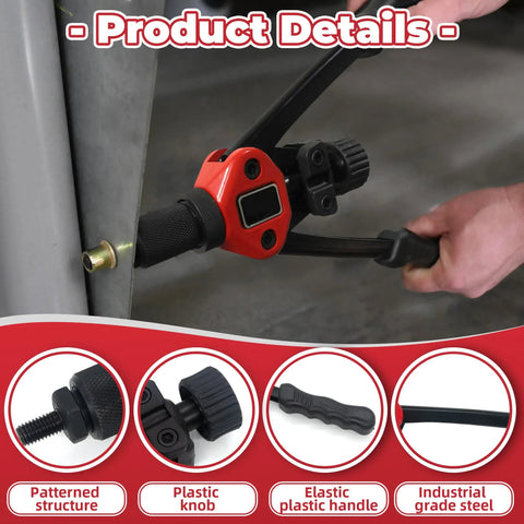 Rivet Nut Tool Kit 14 Inch Hand Riveter with 5 Metric Mandrels in use on metal surface, close-up of red handle and mandrel