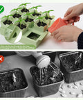 Hands watering seedlings in Seed Starter Tray With Deep 2.3 Inch Cells And Dual Handles That Double As Labels 9 Cell Germination Kit