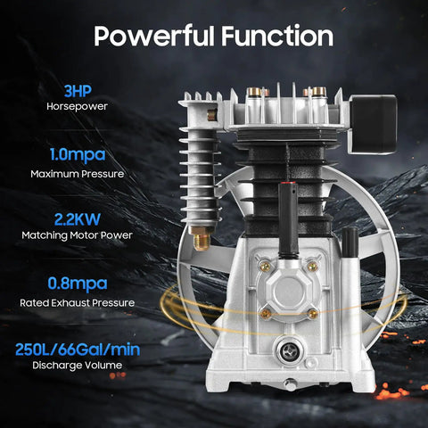 Beefy 3HP Twin Cylinder Air Compressor Pump Head With Silencer 250 Liters Per Minute flow aluminum iron construction detail