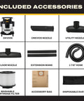 Included accessories for Heavy Duty 5 Gallon Wet And Dry Shop Vacuum With Solid 4 Peak Horsepower Motor and Blower Port.