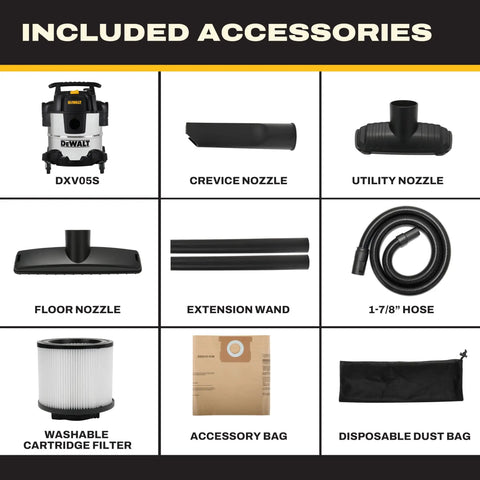 Included accessories for Heavy Duty 5 Gallon Wet And Dry Shop Vacuum With Solid 4 Peak Horsepower Motor and Blower Port.