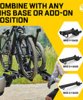 Modular Two In One Hitch Rack For Two Bikes Up To Eighty Pounds Tilts And Folds For Easy Storage No Frame Contact Keeps Frames Safe Fits Standard Two Inch Hitches Expands To Three With Optional Tray Tool Free Installation attached to vehicle