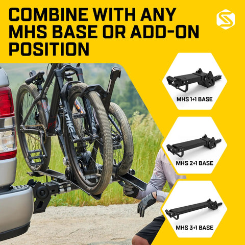 Modular Two In One Hitch Rack For Two Bikes Up To Eighty Pounds Tilts And Folds For Easy Storage No Frame Contact Keeps Frames Safe Fits Standard Two Inch Hitches Expands To Three With Optional Tray Tool Free Installation attached to vehicle