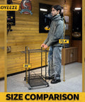 Man standing next to Garden Tool Organizer With Lockable Wheels, Heavy Duty 3 Tier Yard Tower Rack For Garage, size comparison