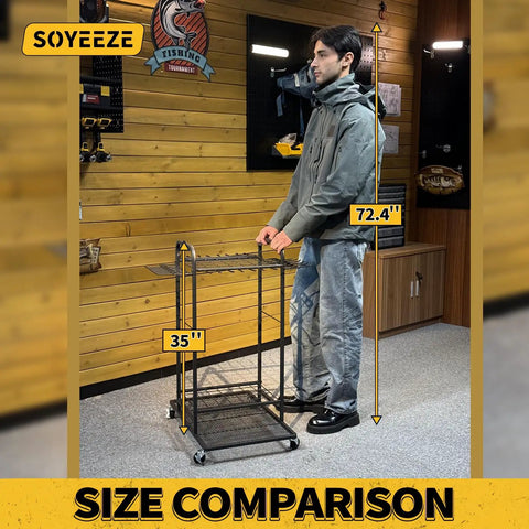 Man standing next to Garden Tool Organizer With Lockable Wheels, Heavy Duty 3 Tier Yard Tower Rack For Garage, size comparison