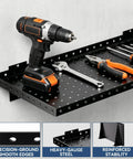 Two Pack Heavy Duty Garage Wall Shelves 24 By 12 Inches Black Steel Wall Mounted With Raised Edge Guard Rust Resistant And Tough Each Shelf Holds Up To 150 Lbs Ideal For Tools Cans Balls And Gear, black steel shelf holding drill and tools