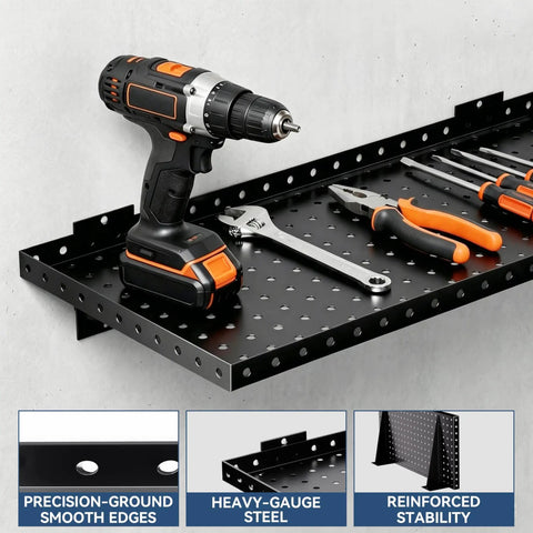 Two Pack Heavy Duty Garage Wall Shelves 24 By 12 Inches Black Steel Wall Mounted With Raised Edge Guard Rust Resistant And Tough Each Shelf Holds Up To 150 Lbs Ideal For Tools Cans Balls And Gear, black steel shelf holding drill and tools