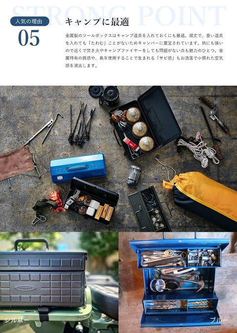 Heavy Duty 2 Tier Steel Tool Box Military Green with various tools organized and visible on a work surface.