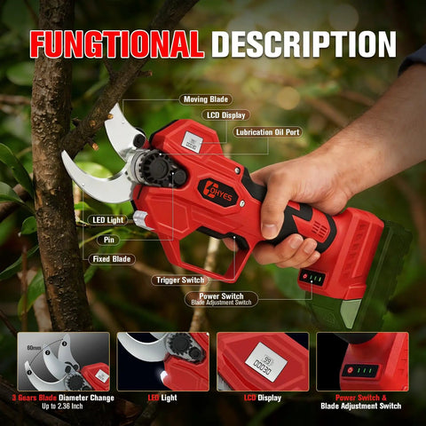 Heavy Duty Cordless Pruning Shears With 1.6 Inch Cut Compatible With Milwaukee 18v Packs Featuring Tough Sk7 Blades And Lcd Display close-up of handle and blades in use