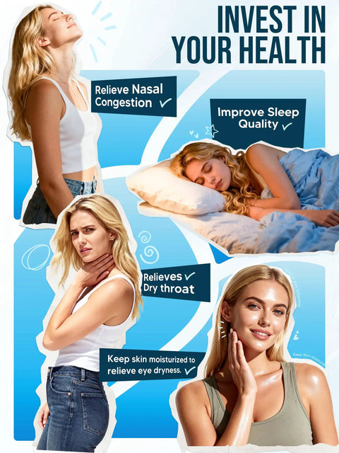 Collage of woman illustrating benefits of a humidifier: improved sleep, nasal congestion relief, dry throat relief, moisturizing skin.
