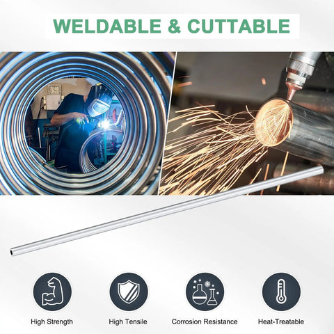 Two Pack 400mm 6063 Aluminum Round Tube Seamless Tubing 6mm ID 10mm OD Heavy Duty Built To Last Multipurpose Aluminum Pipe For Construction Machining DIY Crafts Outdoor Projects Wind Chimes, showing weldable and cuttable features with icons for high strength and corrosion resistance.