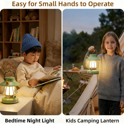 Rechargeable Kid Friendly Lantern Night Light With Dimmable 3 Color LEDs in kids' bedroom and outdoor camping scene