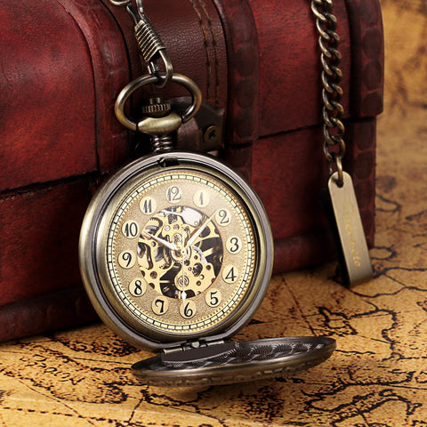 Dope Mechanical Eagle Skeleton Dial Bronze Pocket Watch With Arabic Numerals Gift Box And Chain For Men And Women Vintage Style Elegant Golden Movement Timepiece For Everyday Wear