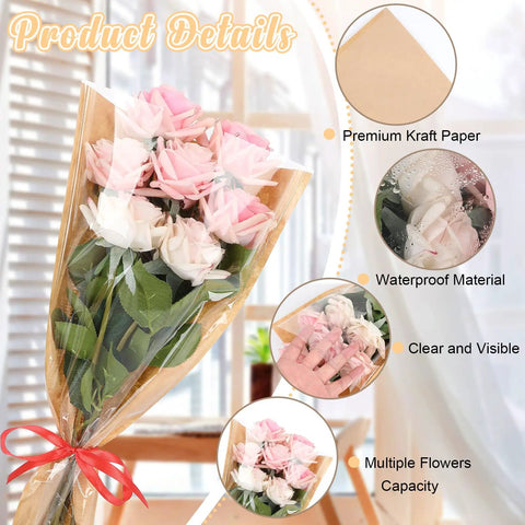 Bouquet wrapped in 40 Pack Kraft Paper Flower Wrapping Bags And Sleeves For Bouquets, clear front shows pink roses, bow tie