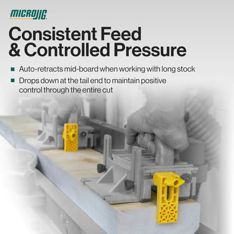 Gravity Heel Kit Pushblock Accessory For Table Saws And Jointers in use, featuring auto-retraction and controlled wood feed.