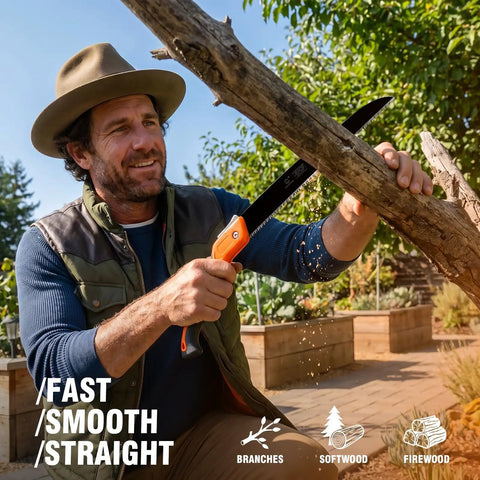 Man using Built Tough As Nails 12 Inch Folding Hand Saw featuring durable high manganese steel teeth for pruning branches.