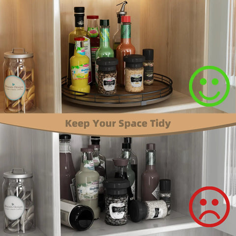 Cabinet organization with 13 Inch Lazy Susan Turntable Made From Acacia Wood For Kitchen Cabinet And Tabletop Organization