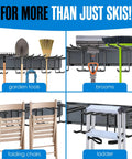 Kick Clutter To The Curb With This Heavy Duty Steel Ski Rack Wall Mount Organizer that holds garden tools, brooms, and chairs.