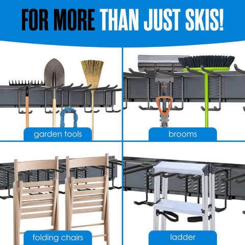 Kick Clutter To The Curb With This Heavy Duty Steel Ski Rack Wall Mount Organizer that holds garden tools, brooms, and chairs.