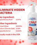 CPAP Disinfectant Spray TSA Travel Size 2 Oz 3 Pack Kills 99.9 Percent Germs On Masks Tubing Reservoirs And Humidifiers No Harsh Chemicals Or Fumes Ozone Free Leaves No Residue For On The Go Use, bottle label