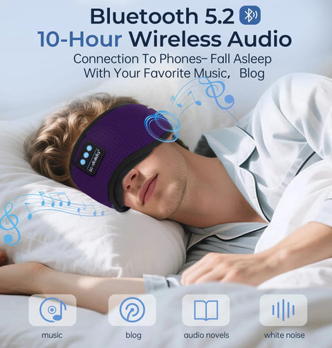 Man sleeping with Bluetooth Sleep Mask With White Noise And Wireless Headphones, Ultra Soft Breathable Eye Mask, Purple