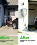 Before and after showing Straight Up Rugged Outdoor EV Charger Enclosure For Tesla NACS And J1772 Plugs installed beside a vehicle.