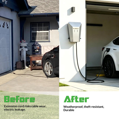 Before and after showing Straight Up Rugged Outdoor EV Charger Enclosure For Tesla NACS And J1772 Plugs installed beside a vehicle.