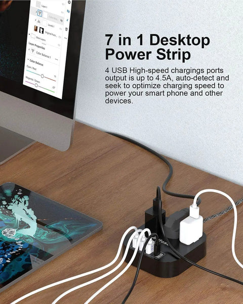 Power Strip With USB C And 3 Outlets, 4 USB Ports, 4.5A Flat Plug Desktop Charging Hub on wooden desk with cables connected
