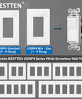 Single Pole Decorator Light Switch With Wall Plate, 15A 120/277V, Quiet Rocker Paddle UL Certified Gloss Finish with wall plate sizes
