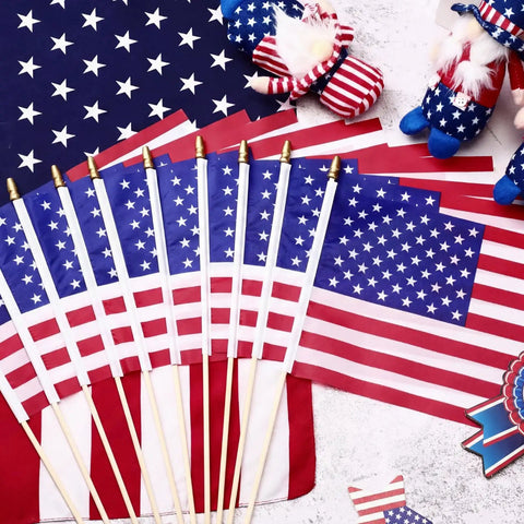 Cool 100 Pack Small American Flags On Sticks 8 By 12 Inch Mini US Flags With Solid Wooden Poles Safety Spear Tip For Yard Memorial Day