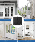 3 Pack Matte Black Door Hinges 4 Inch With Heavy Duty Iron Frame Including Installation Screws For Exterior Entry Doors, shown on front, back, bedroom, and living room doors.