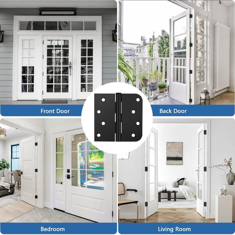 3 Pack Matte Black Door Hinges 4 Inch With Heavy Duty Iron Frame Including Installation Screws For Exterior Entry Doors, shown on front, back, bedroom, and living room doors.