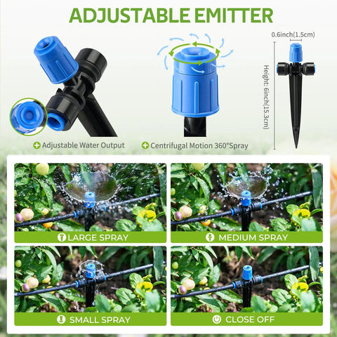 50 Feet Quick Connect Garden Watering System With Adjustable Vortex Drippers showing various spray settings in use.