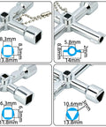 2 Pack 4 Way Sillcock Key Kit for hose valves faucets and switches with beaded chain zinc alloy close-up with dimensions.