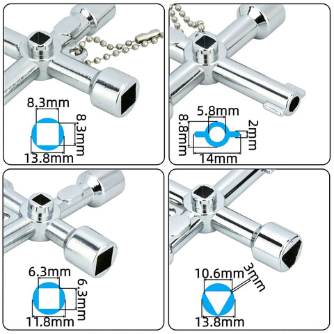 2 Pack 4 Way Sillcock Key Kit for hose valves faucets and switches with beaded chain zinc alloy close-up with dimensions.