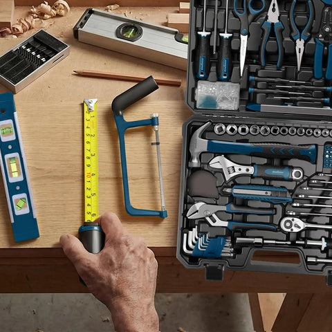 Beefed-Up 220-Piece Home Tool Kit With Toolbox Blue For Home Repairs Auto Maintenance DIY And General Use Heavy-Duty Wrench Set
