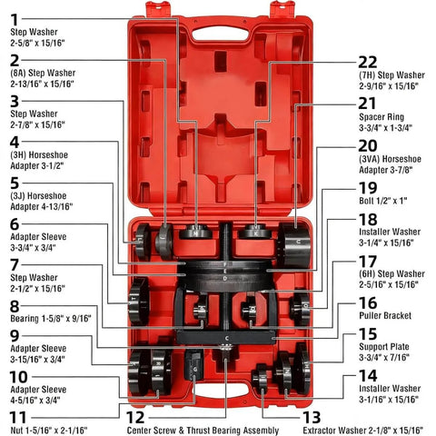 Ultimate Wheel Hub Removal Tool Set With C To U Sizes Front And Rear Wheel Bearing Remover And Installer Kit in red case.