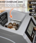 Heavy Duty Automatic Digital Coin Counter Bankroll Wrapper Separates Pennies Dimes Nickels Quarters Smoothly showing coins in hopper.