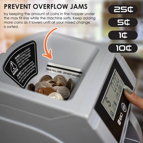 Heavy Duty Automatic Digital Coin Counter Bankroll Wrapper Separates Pennies Dimes Nickels Quarters Smoothly showing coins in hopper.