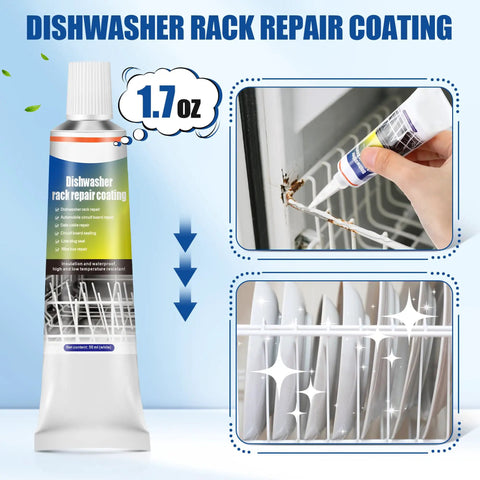 Dishwasher Rack Repair Coating Kit 1.7 Oz White Vinyl Rack Rust Touch Up Paint with scraper and brushes visible in use.