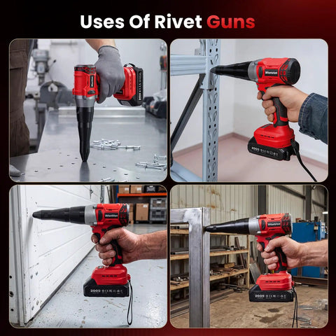 Badass Cordless Electric Rivet Gun Kit With 20 Volt Brushless Motor and Rock Solid Automatic Pop Riveter Tool in use.