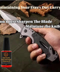 Hand holding folding knife with textured handle next to 20ml bottle of Premium Knife Pivot Lube Oil For Folding Knives And Tools With Food Safe Formula Reduces Friction And Wear 20ml Bottle Smooth Action For EDC Gear And Kitchen Knives
