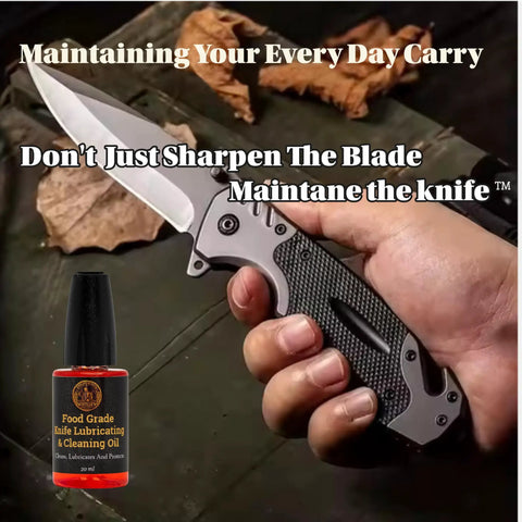 Hand holding folding knife with textured handle next to 20ml bottle of Premium Knife Pivot Lube Oil For Folding Knives And Tools With Food Safe Formula Reduces Friction And Wear 20ml Bottle Smooth Action For EDC Gear And Kitchen Knives