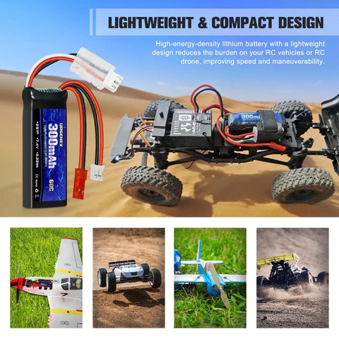 7.4V 2S 60C Burst 120C 300mAh LiPo Battery With JST Red And PH2.0 White Plugs for RC Cars and Planes